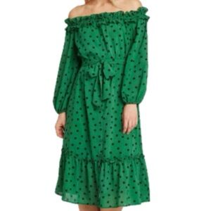 NWOT Who What Wear Dress Size S Green Polka Dot Long Sleeve Off Shoulder.